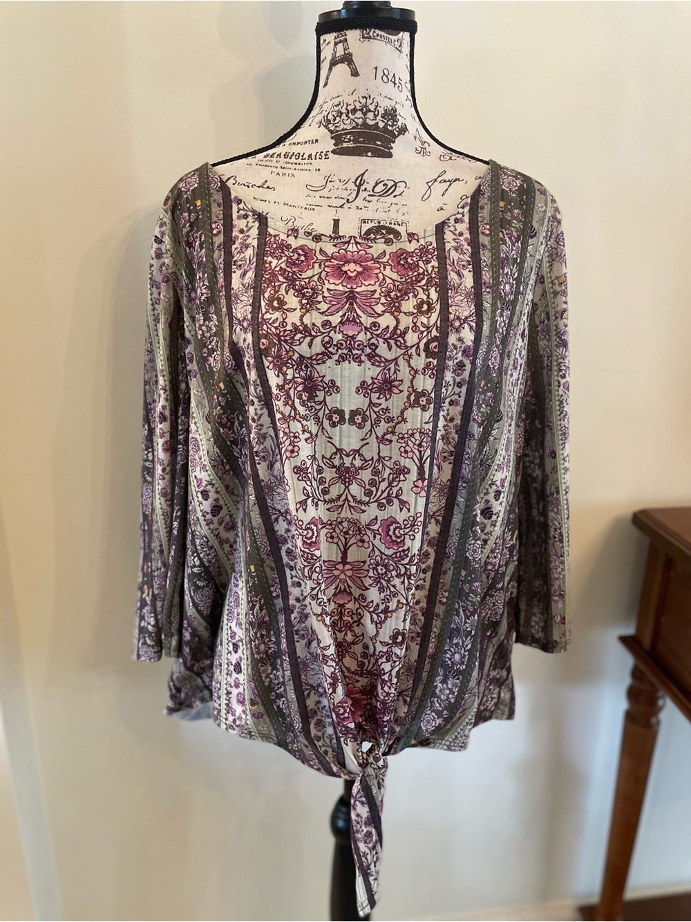 One World Purple Floral & Bling 3/4 Sleeve Top ~ 3x